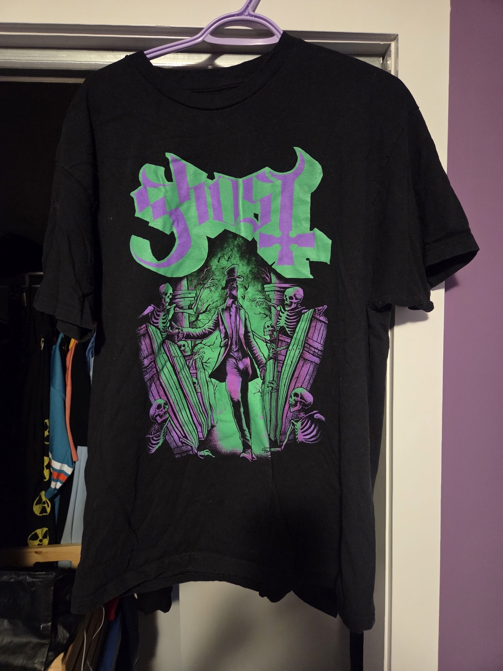 Ghost Band Black Short-Sleeve Tee with Green & Purple Graphic